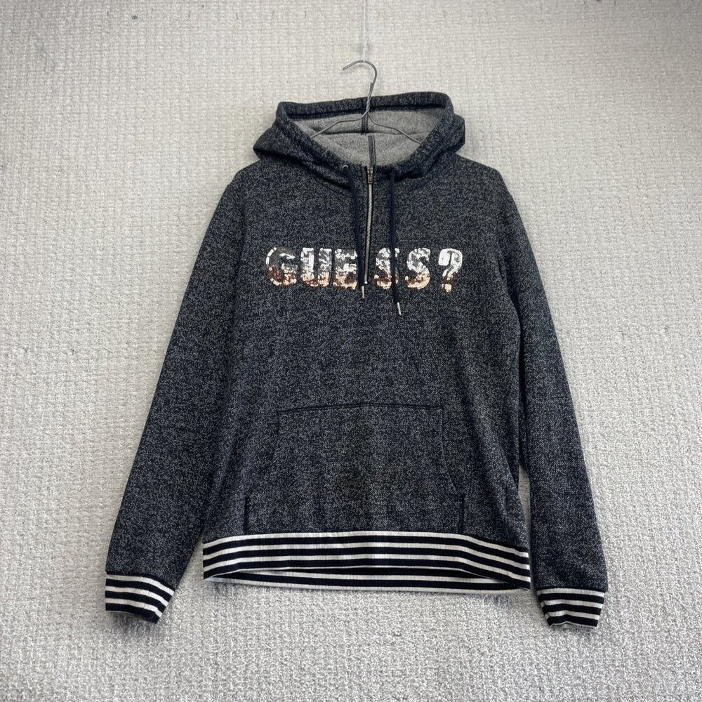 Y2K Guess 1/4 Zip Up Hoodie Rose / Silver Sequins Logo Sleeve Women's M Read